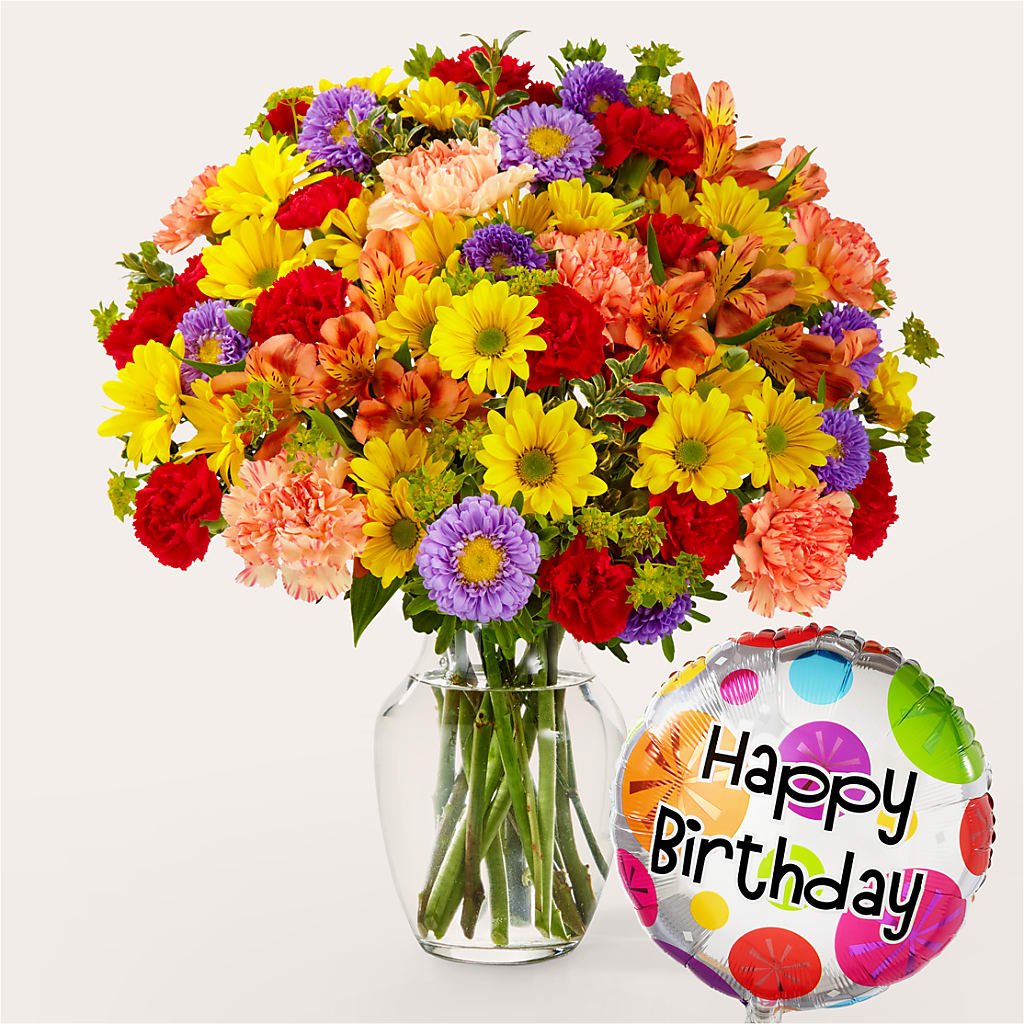Kaleidoscope Bouquet with Birthday Balloon – CHARLY'S FLOWERS, San Jose CA
